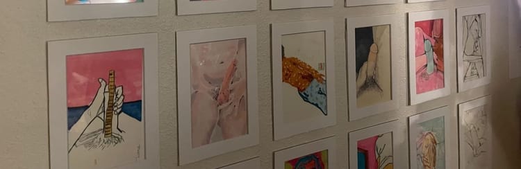 Drawings in various styles of unsolicited dick pics, including one dick poised against a ruler.